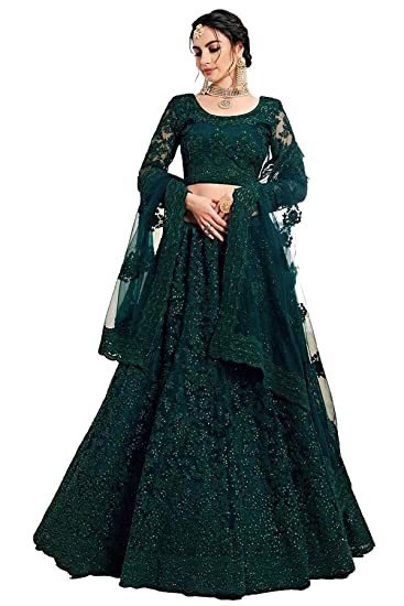 Bollyclues Women's Net Embroidered Semi-Stitched Lehenga Choli(Green-Rani_Green_Free Size)