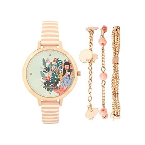 Teal by Chumbak Live Slow Watch & Bracelet Set - Peach & Rose Gold - Jewelry Watch, Wrist Watch for Women, Dress Watch, Fashion Accessory with Bracelet Set, Slim Strap