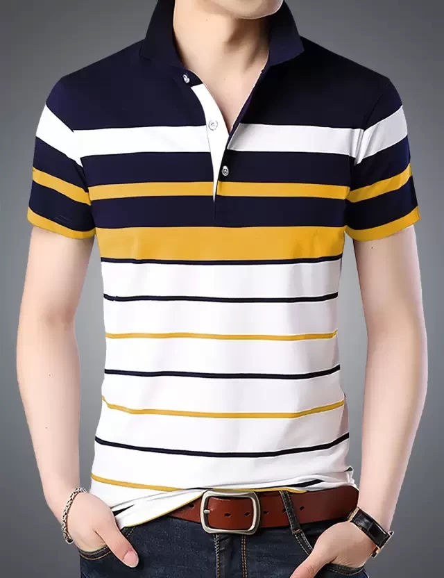 Striped Men Polo Neck White, Blue, Yellow T-Shirt