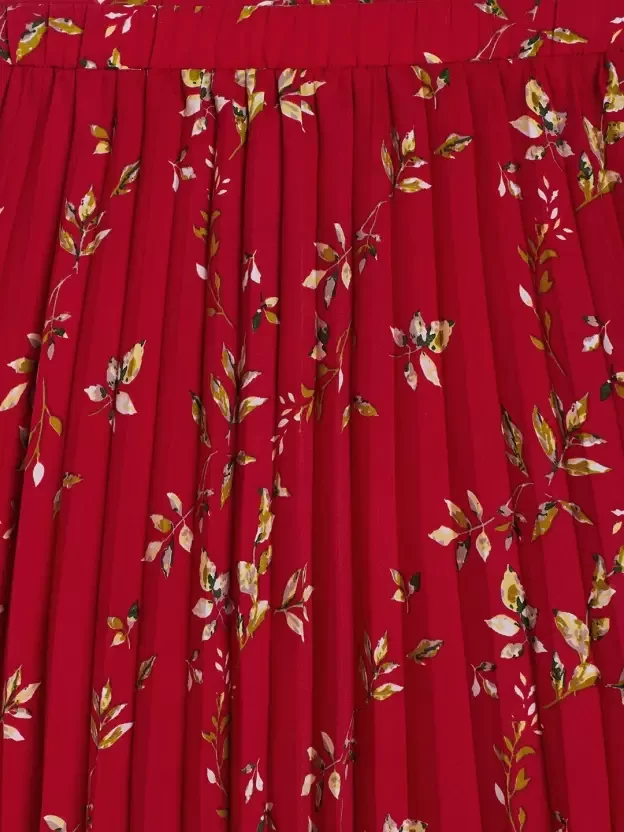 Girls Floral Print Pleated Red Skirt