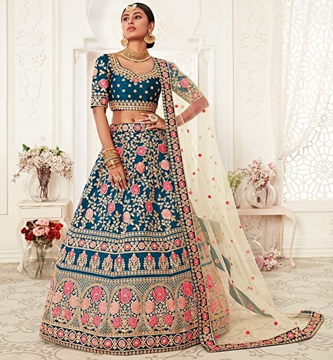 Zeel Clothing Women's Embroidered Art Silk Semi-Stitched Lehenga Choli for Women(7703-Wedding-Bridal-Latest-Lehenga-New_Blue)